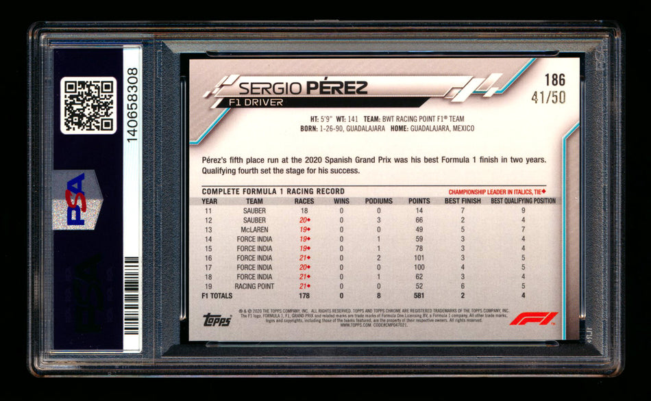 2020 Topps Chrome Sapphire F1 #186 Sergio Perez RC Gold Refractor #41/50 PSA 8
