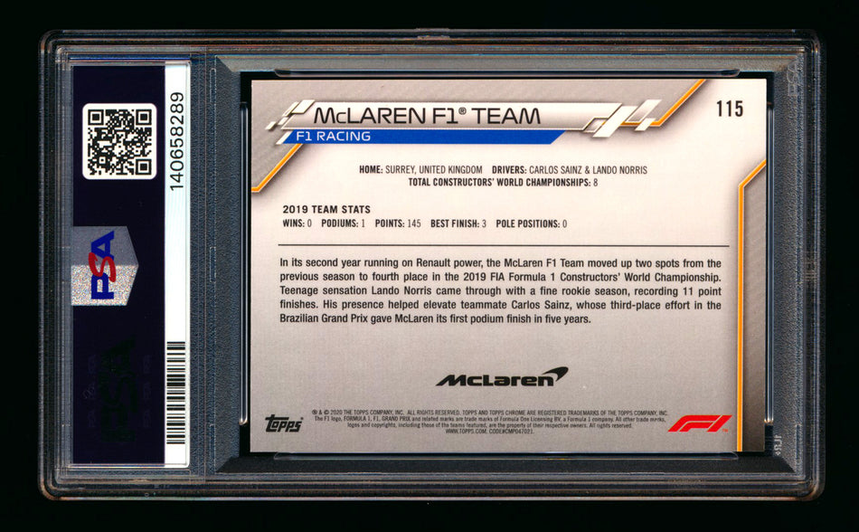 2020 Topps Chrome Sapphire F1 #115 McLaren Team Logo RC Refractor PSA 10