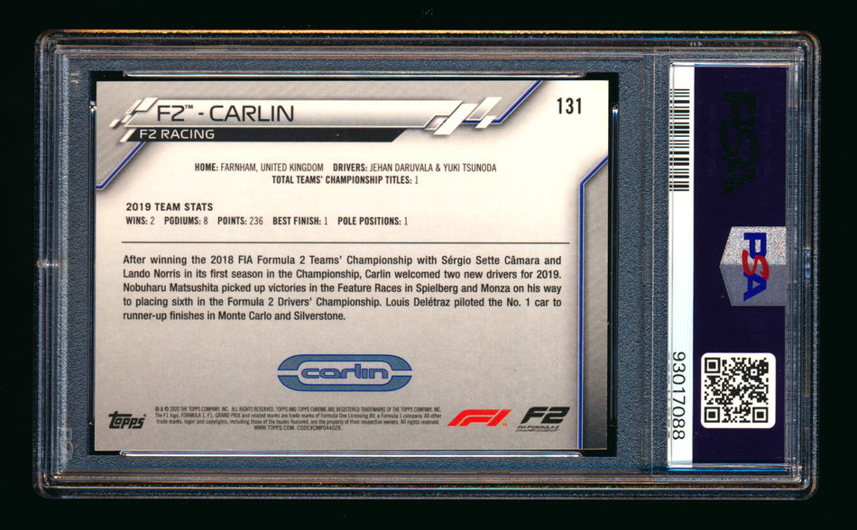 2020 Topps Chrome F1 #131 Carlin Logo RC 70th Anniversary Red Refractor PSA 9