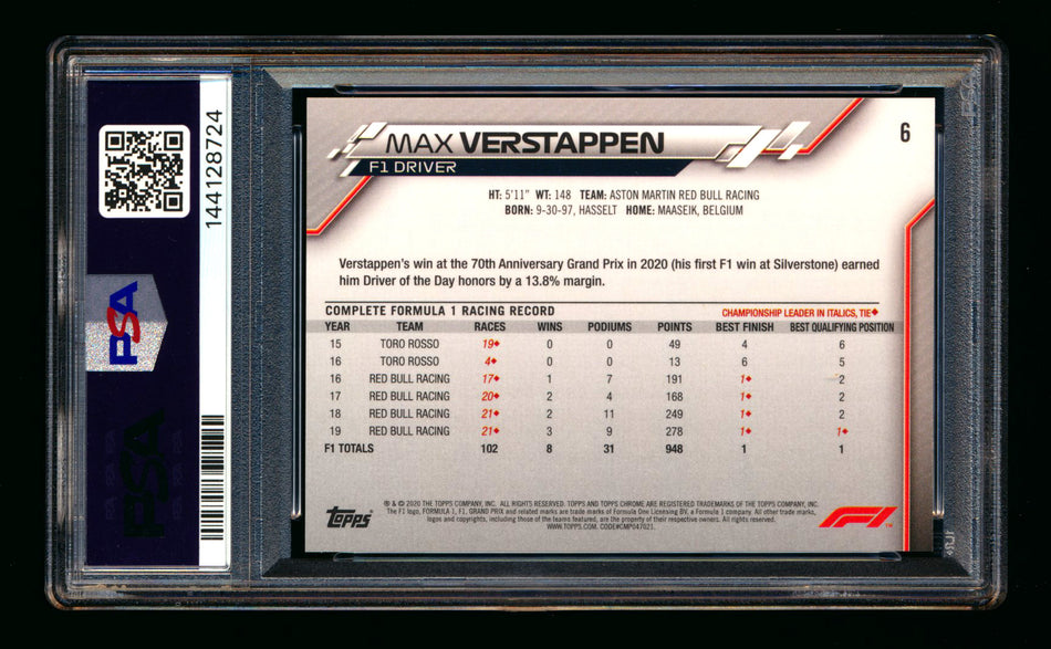 2020 Topps Chrome Sapphire F1 #6 Max Verstappen RC Refractor Portrait PSA 10