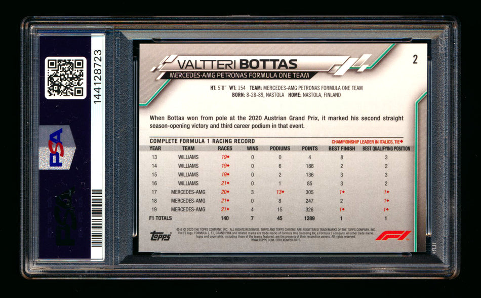 2020 Topps Chrome Sapphire F1 #2 Valtteri Bottas RC Refractor Image Variation SP PSA 9
