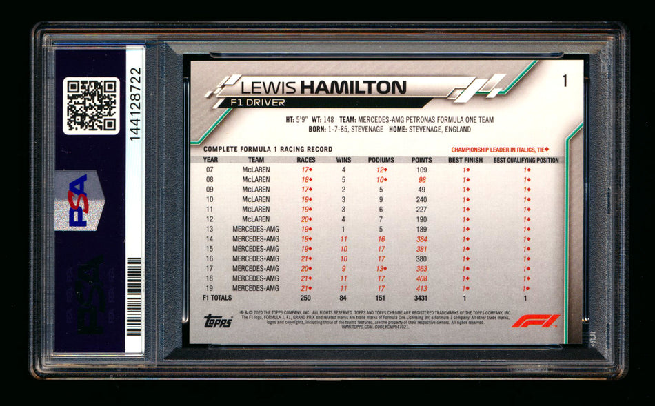 2020 Topps Chrome Sapphire F1 #1 Lewis Hamilton RC Refractor Portrait PSA 10