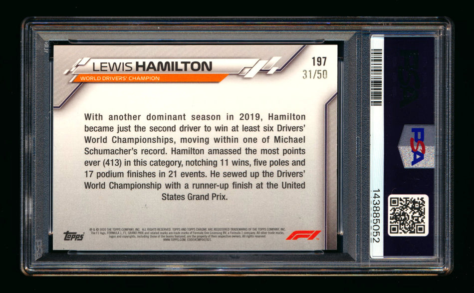 2020 Topps Chrome Sapphire F1 #197 Lewis Hamilton RC Gold Refractor #31/50 PSA 6