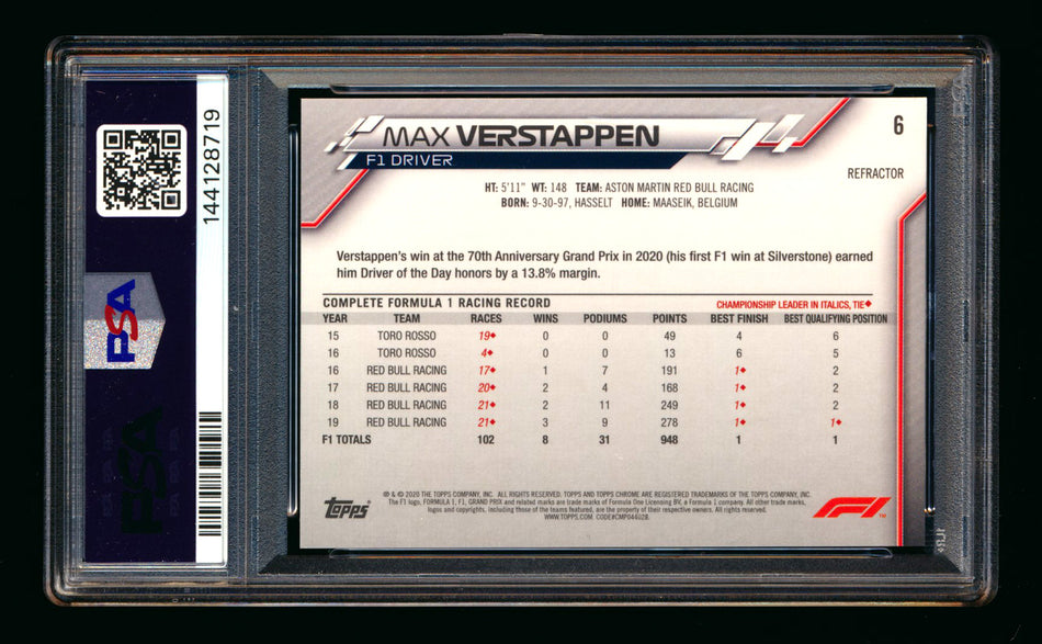 2020 Topps Chrome F1 #6 Max Verstappen RC Refractor Portrait PSA 9
