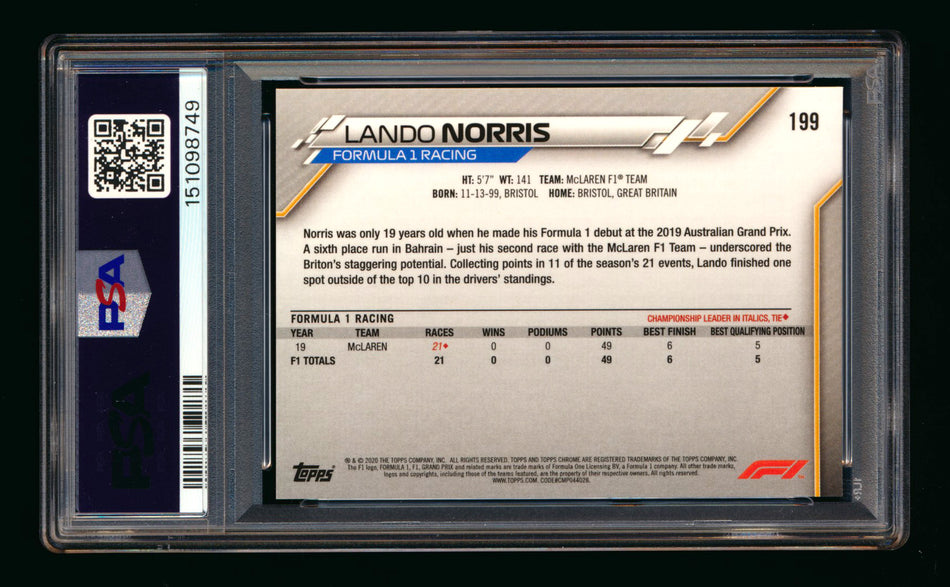 2020 Topps Chrome F1 #199 Lando Norris RC Freshest PSA 10