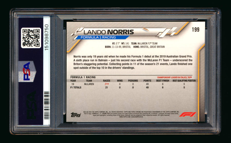 2020 Topps Chrome F1 #199 Lando Norris RC Freshest PSA 9