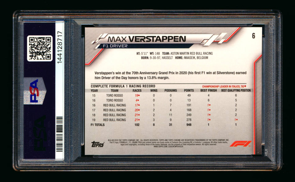 2020 Topps Chrome F1 #6 Max Verstappen RC Portrait PSA 10