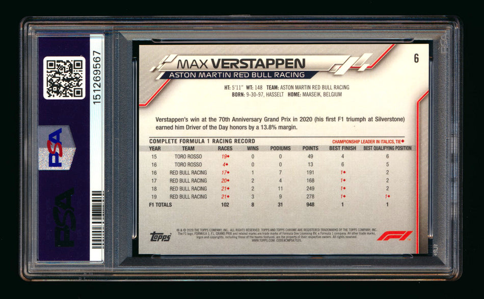 2020 Topps Chrome Sapphire F1 #6 Max Verstappen RC Refractor Image Variation SP PSA 10