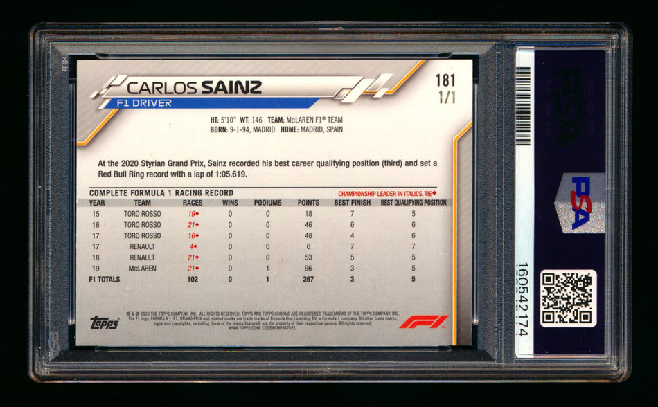 2020 Topps Chrome Sapphire F1 #181 Carlos Sainz RC Padparadscha #1/1 PSA 7