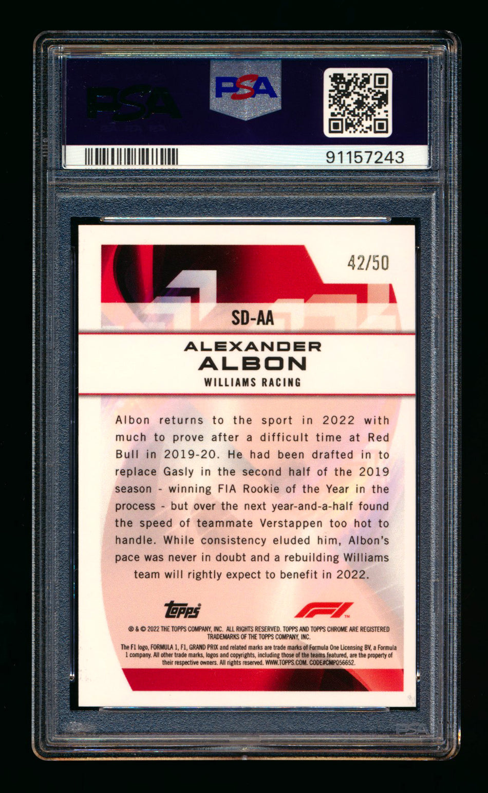2022 Topps Chrome F1 Speed Demons #SD-AA Alexander Albon Gold Wave Refractor #42/50 PSA 10 - POP 1!