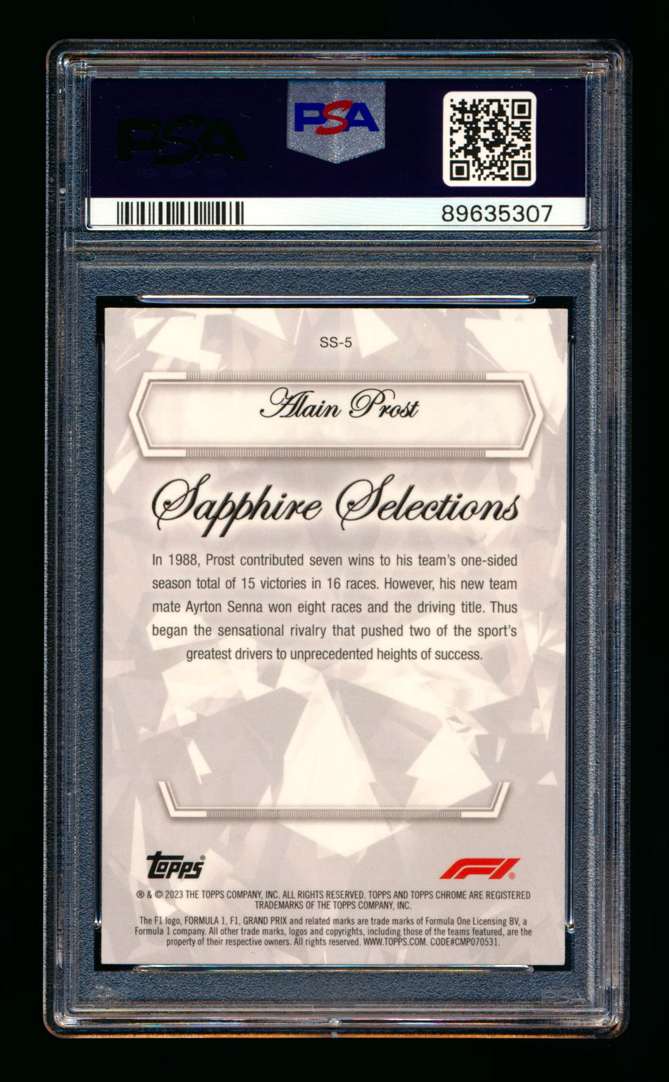 2023 Topps Chrome F1 Sapphire Selections #SS-5 Alain Prost 1ST Year Refractor PSA 10 ** (SOLD - $59.00 - 1/19/2025) **