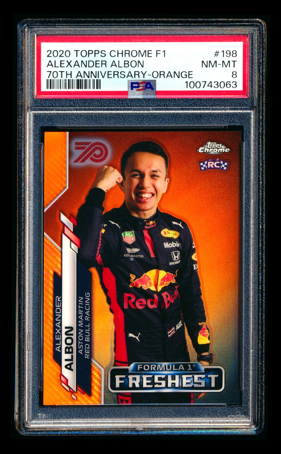 2020 Topps Chrome F1 #198 Alexander Albon RC 70th Anniversary Orange Refractor PSA 8