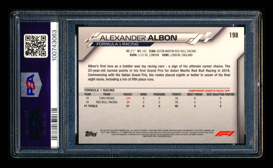 2020 Topps Chrome F1 #198 Alexander Albon RC 70th Anniversary Orange Refractor PSA 8