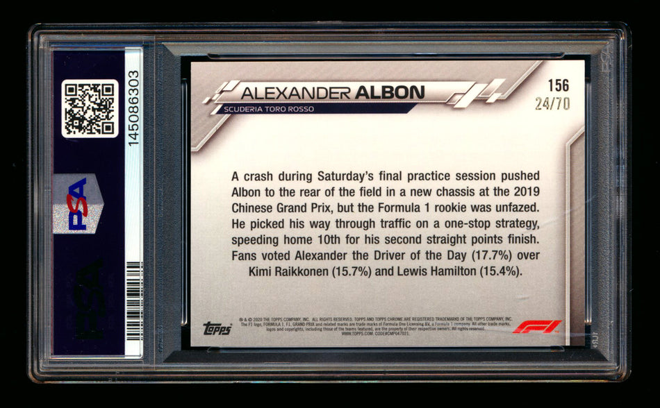 2020 Topps Chrome Sapphire F1 #156 Alexander Albon RC 70th Silver Refractor #24/70 PSA 10