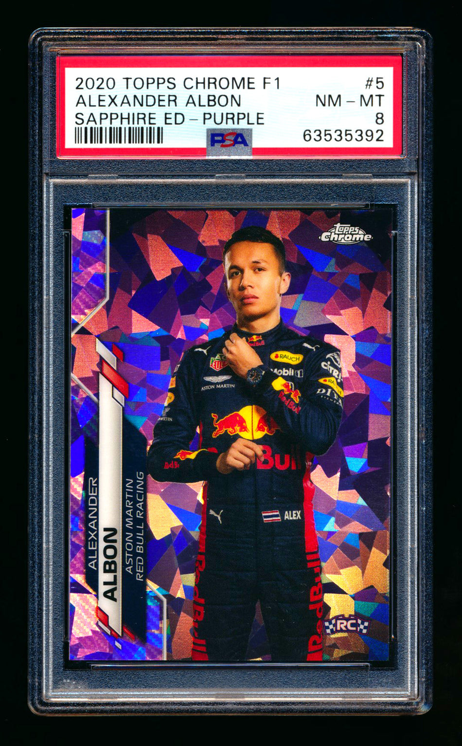 2020 Topps Chrome Sapphire F1 #5 Alexander Albon RC Purple Refractor Portrait #10/10 PSA 8 (Last Number!)