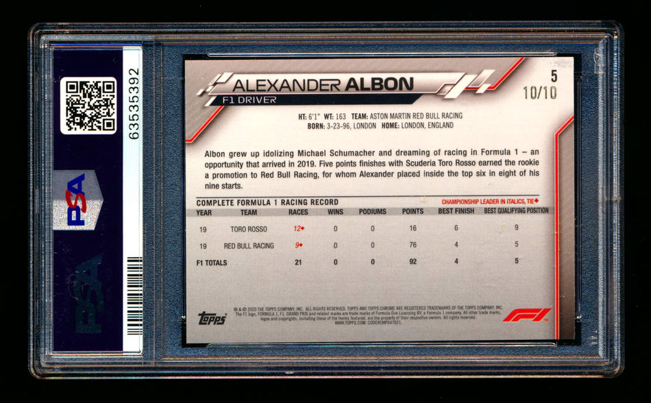 2020 Topps Chrome Sapphire F1 #5 Alexander Albon RC Purple Refractor Portrait #10/10 PSA 8 (Last Number!)