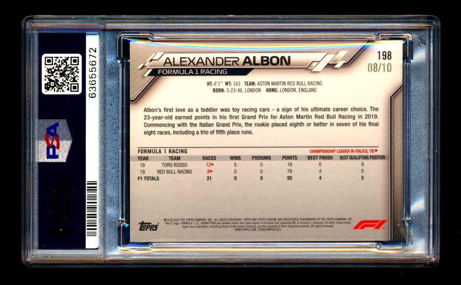 2020 Topps Chrome Sapphire F1 #198 Alexander Albon RC Purple Refractor #08/10 PSA 9