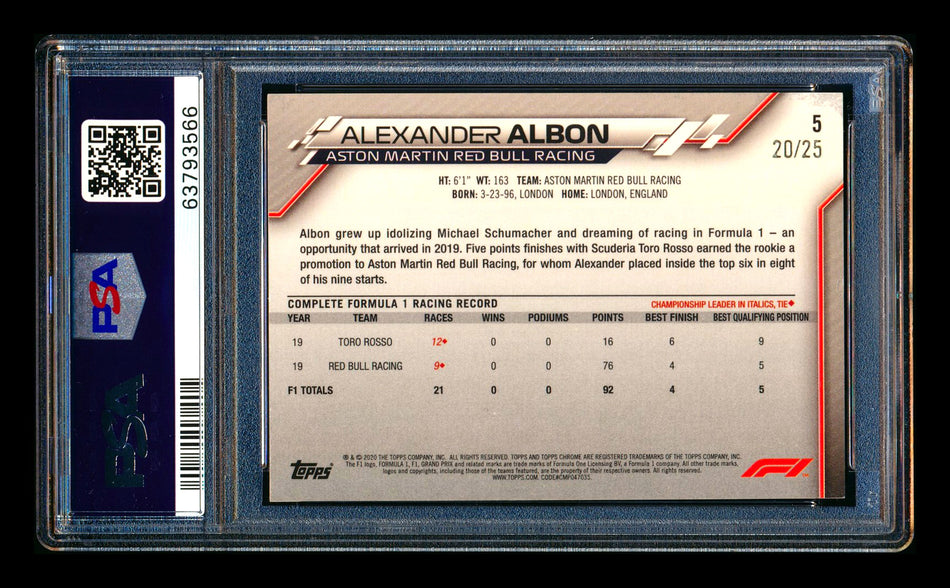 2020 Topps Chrome Sapphire F1 #5 Alexander Albon RC Orange Refractor Image Variation SP #20/25 PSA 8