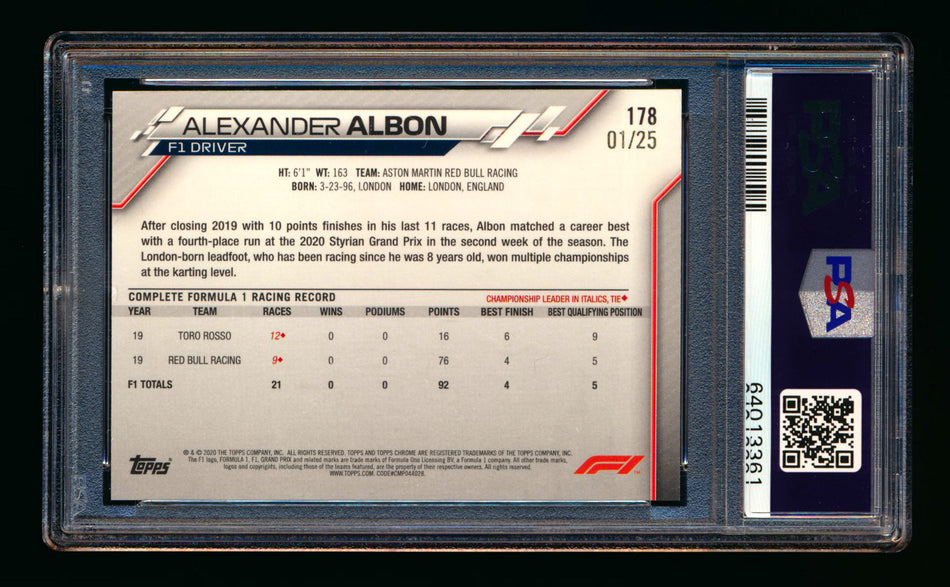 2020 Topps Chrome F1 #178 Alexander Albon RC Orange Wave Refractor #01/25 PSA 9 (First #!)