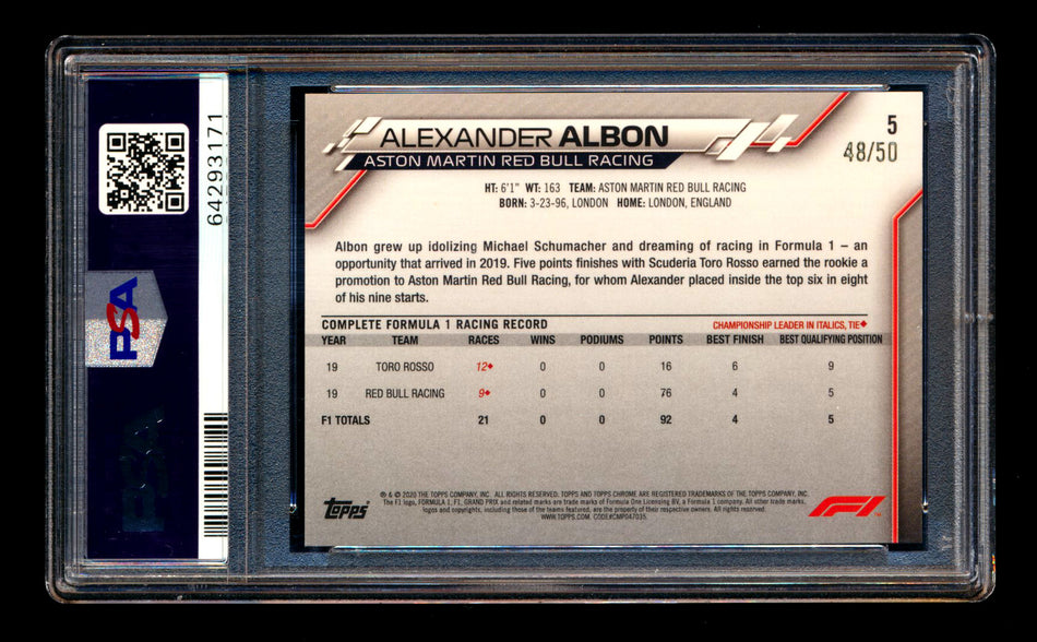 2020 Topps Chrome Sapphire F1 #5 Alexander Albon RC Gold Refractor Image Variation SP #48/50 PSA 9