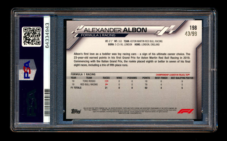 2020 Topps Chrome Sapphire F1 #198 Alexander Albon RC Aqua Refractor #43/99 PSA 9