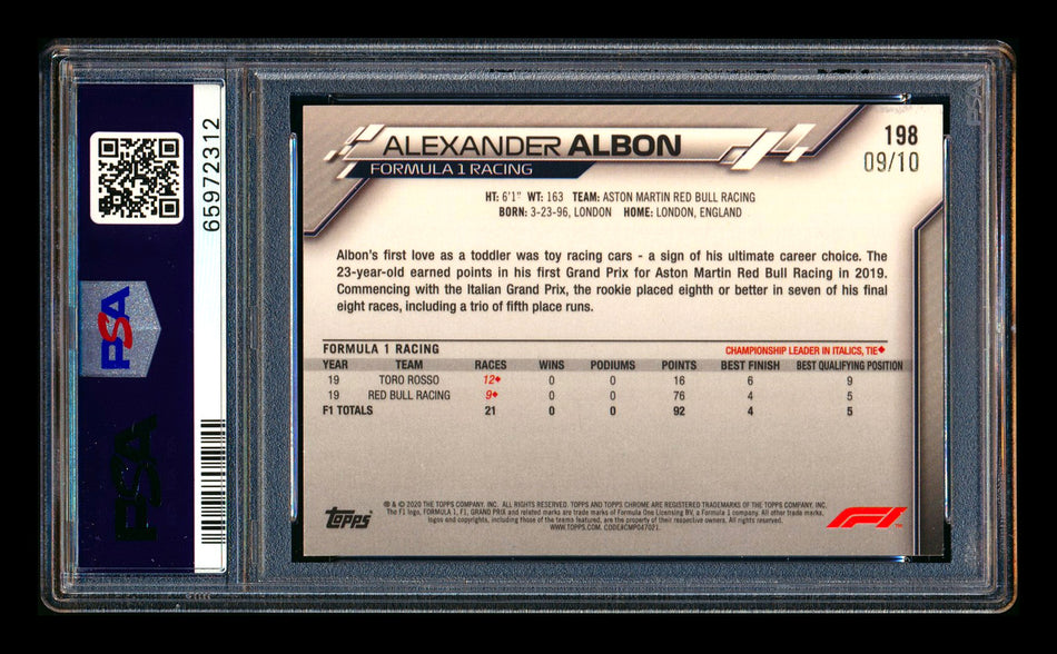 2020 Topps Chrome Sapphire F1 #198 Alexander Albon RC Purple Refractor #09/10 PSA 9
