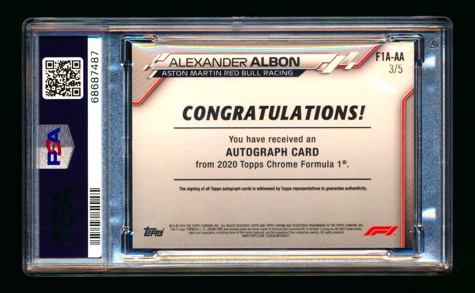 2020 Topps Chrome F1 #F1A-AA Alexander Albon RC Red Refractor Autograph #3/5 PSA 8 ** (SOLD - $7,800.00 - 2/10/2026) **