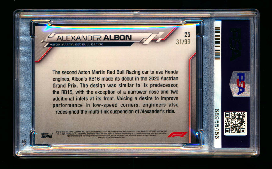 2020 Topps Chrome Sapphire F1 #25 Alexander Albon RC Aqua Refractor #31/99 PSA 9 ** (SOLD - $59.00 - 1/21/2025) **