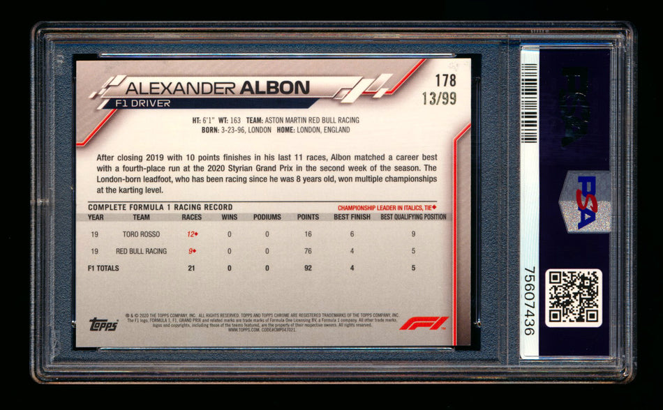 2020 Topps Chrome Sapphire F1 #178 Alexander Albon RC Aqua Refractor #13/99 PSA 9