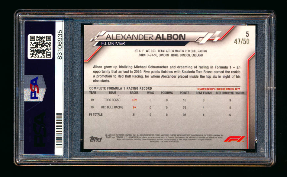 2020 Topps Chrome Sapphire F1 #5 Alexander Albon RC Gold Refractor Portrait #47/50 PSA 8 ** (SOLD - $175.00 - 8/15/2025) **