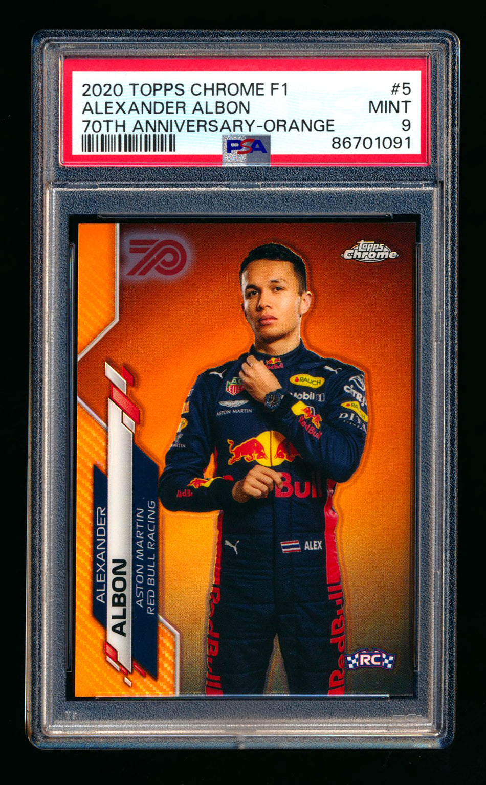 2020 Topps Chrome F1 #5 Alexander Albon RC 70th Anniversary Orange Refractor Portrait PSA 9 ** (SOLD - $95.00 - 3/16/2025) **