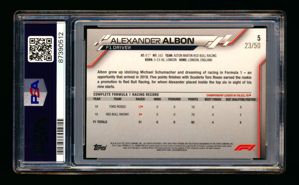 2020 Topps Chrome F1 #5 Alexander Albon RC Gold Refractor Portrait #23/50 PSA 7 (Car Number #23!)