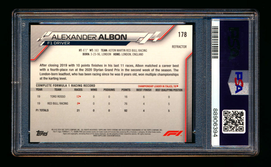 2020 Topps Chrome F1 #178 Alexander Albon RC Refractor PSA 9