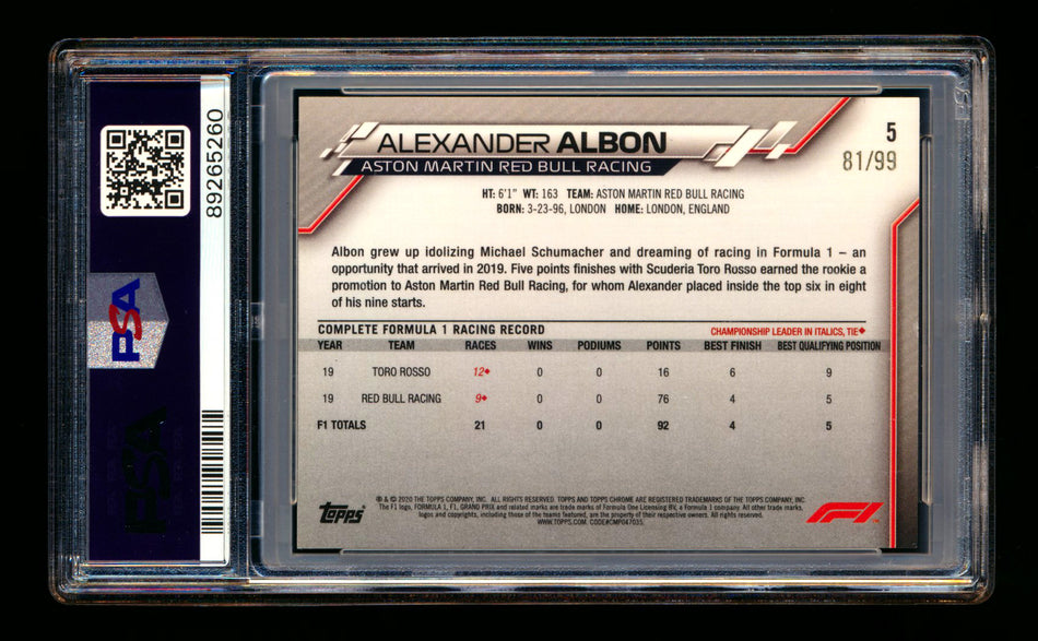 2020 Topps Chrome Sapphire F1 #5 Alexander Albon RC Aqua Refractor Image Variation SP #81/99 PSA 10