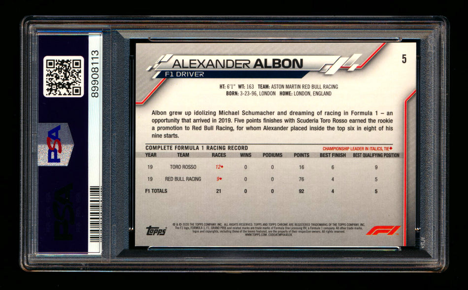 2020 Topps Chrome F1 #5 Alexander Albon RC 70th Anniversary Gold Refractor Portrait PSA 10