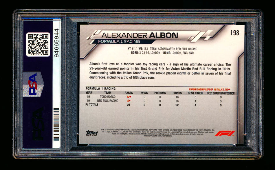 2020 Topps Chrome F1 #198 Alexander Albon RC 70th Anniversary Gold Refractor PSA 10