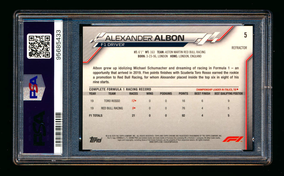 2020 Topps Chrome F1 #5 Alexander Albon RC Refractor Portrait PSA 10
