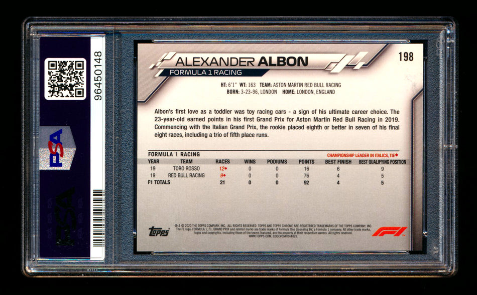 2020 Topps Chrome F1 #198 Alexander Albon RC 70th Anniversary Gold Refractor PSA 9 ** (SOLD WCCS - $45.00 - 8/23/2025) **