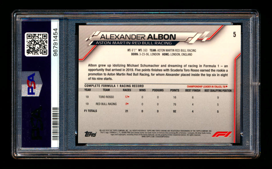 2020 Topps Chrome F1 #5 Alexander Albon RC Refractor Image Variation SP PSA 9