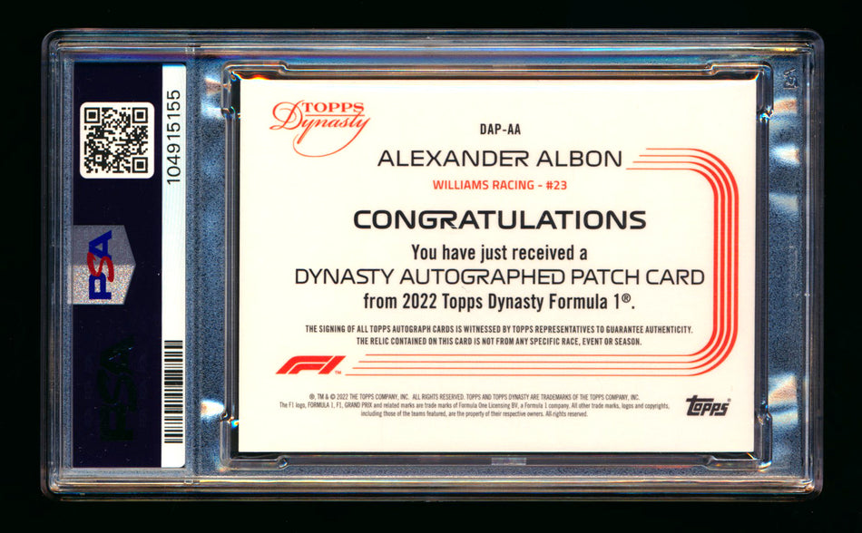 2022 Topps Dynasty F1 #DAP-AA Alexander Albon Red Patch Autograph #3/5 PSA 10 Gem Mint - POP 1! ** (SOLD eBay - $549.00 - 8/5/2025) **