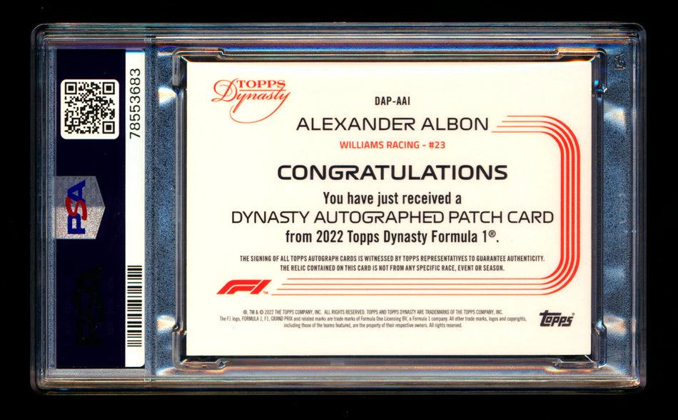 2022 Topps Dynasty F1 #DAP-AAI Alexander Albon Gold Patch Autograph #1/1 PSA 8 NM-MT - POP 1! ** (SOLD National - $1295.00 - 8/1/2025) **