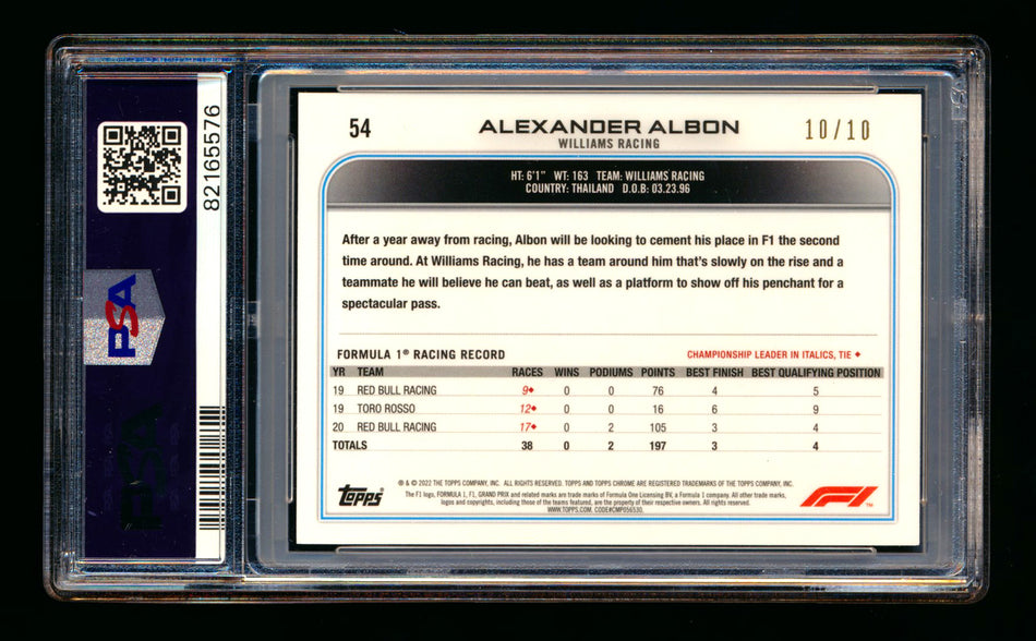 2022 Topps Chrome Sapphire F1 #54 Alexander Albon Purple Refractor Portrait #10/10 PSA 9 (Last #!) ** (SOLD - $150.00 - 8/29/2025) **