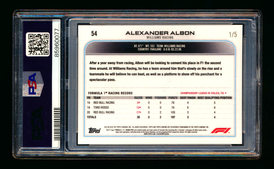 2022 Topps Chrome F1 #54 Alexander Albon Red Wave Refractor Portrait #1/5 PSA 9 (First #!) ** (SOLD - $290.00 - 8/29/2025) **