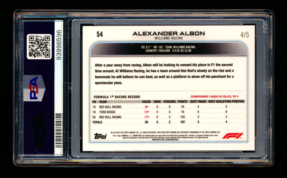 2022 Topps Chrome F1 #54 Alexander Albon Red Raywave Refractor Portrait #4/5 PSA 10