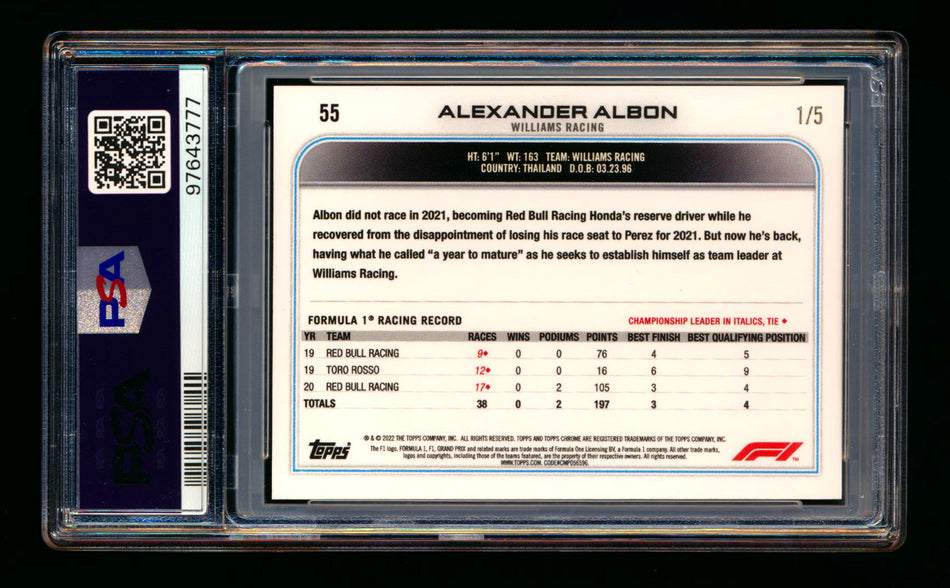 2022 Topps Chrome F1 #55 Alexander Albon Red Raywave Refractor #1/5 PSA 9 (First #!) ** (SOLD - $109.00 - 12/17/2024) **