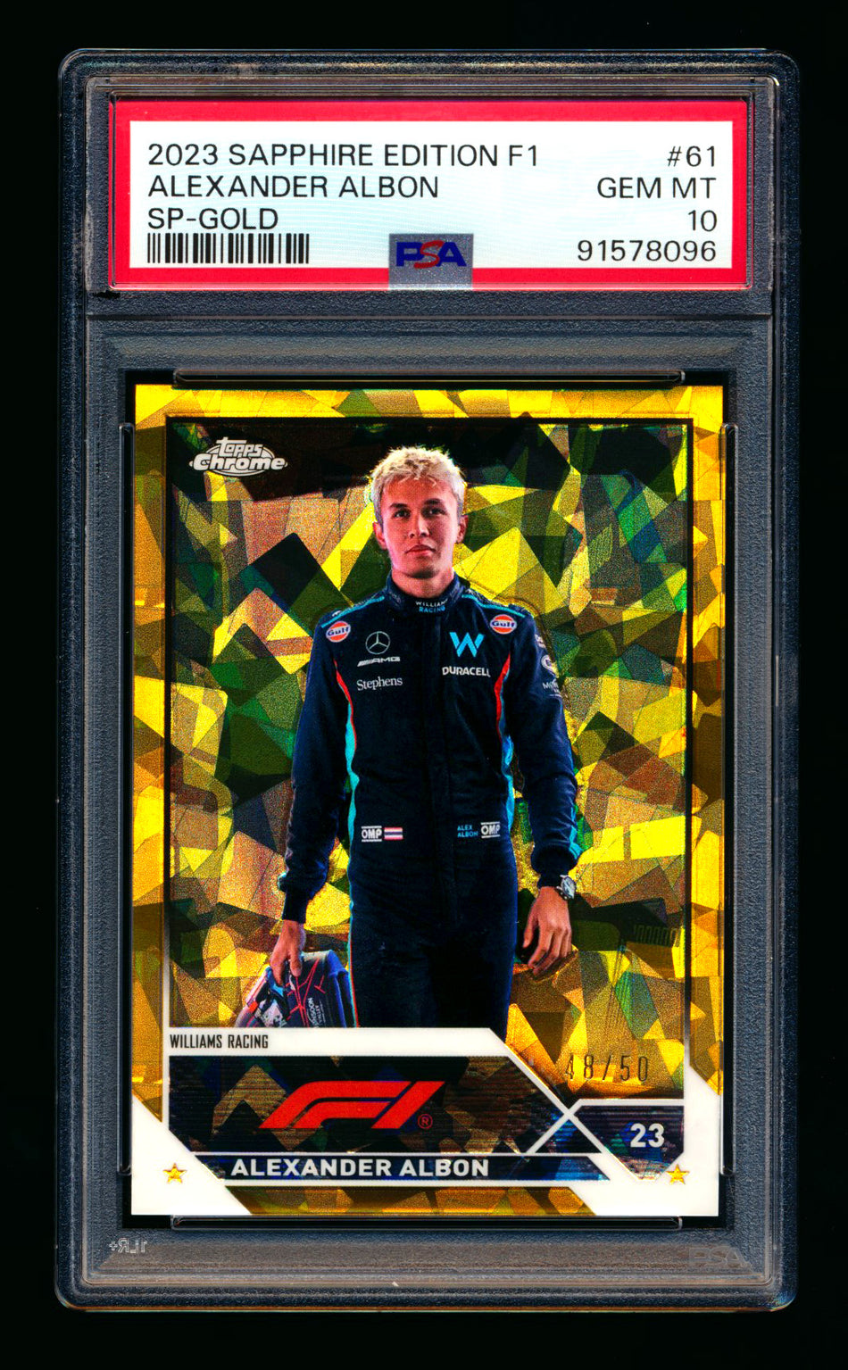 2023 Topps Chrome Sapphire F1 #61 Alexander Albon Gold Refractor Image Variation SP #48/50 PSA 10