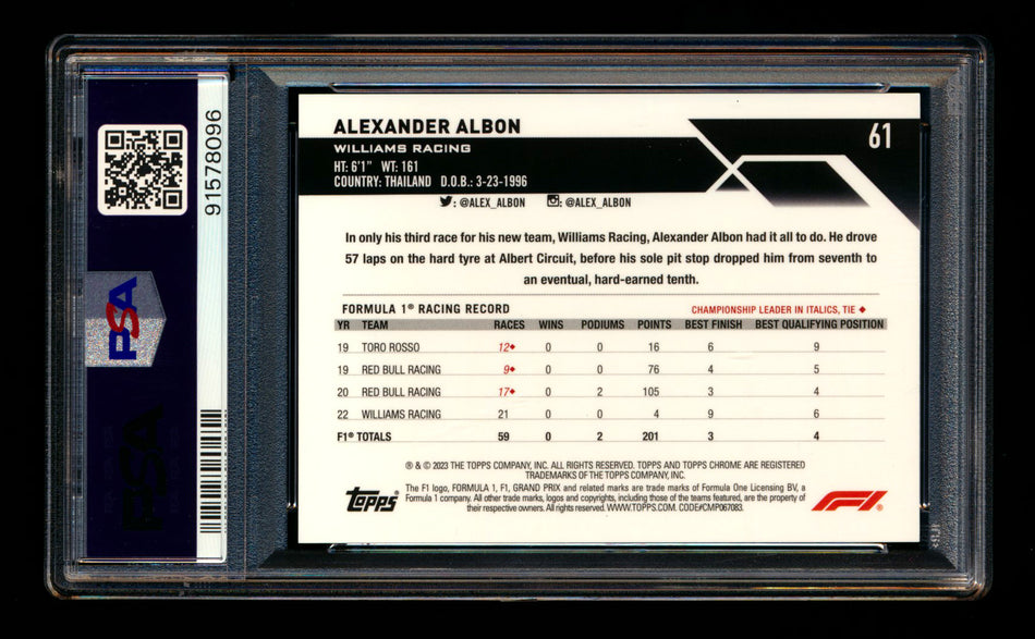 2023 Topps Chrome Sapphire F1 #61 Alexander Albon Gold Refractor Image Variation SP #48/50 PSA 10