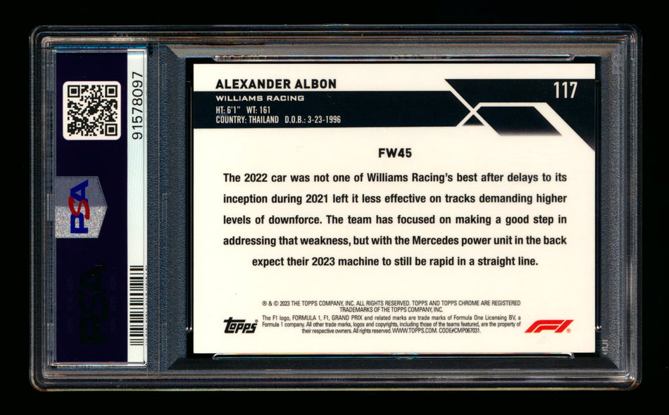 2023 Topps Chrome Sapphire F1 #117 Alexander Albon Red Refractor #5/5 PSA 10 (Last Number!) ** (SOLD - $135.00 - 12/6/2024) **