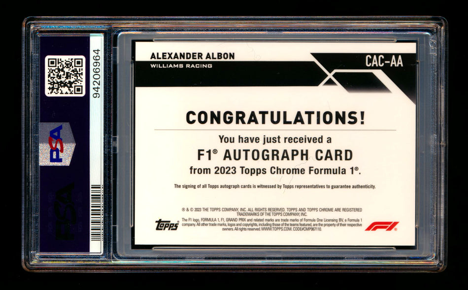 2023 Topps Chrome F1 #CAC-AA Alexander Albon Orange Refractor Autograph #05/25 PSA 10 DNA 10