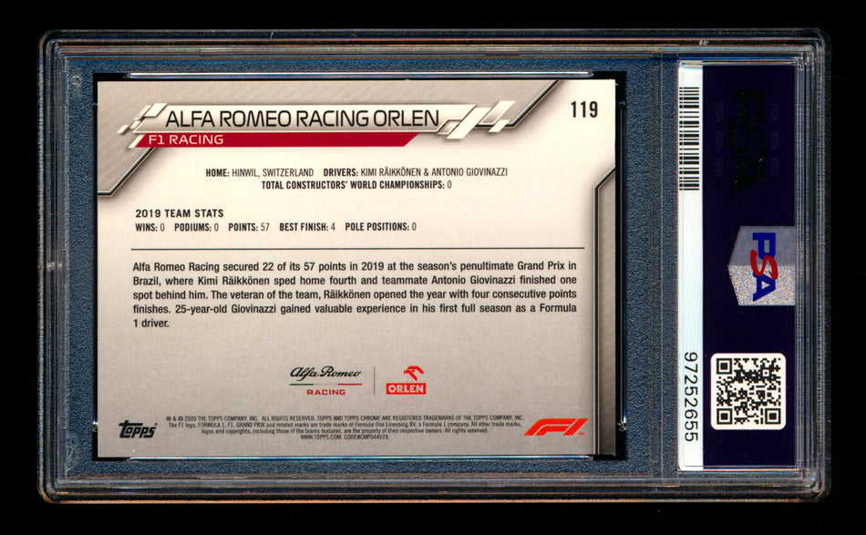 2020 Topps Chrome F1 #119 Alfa Romeo Racing Orlen Team Logo RC 70th Anniversary Orange Refractor PSA 8.5 ** (SOLD eBay - $45.00 - 2/5/2025) **